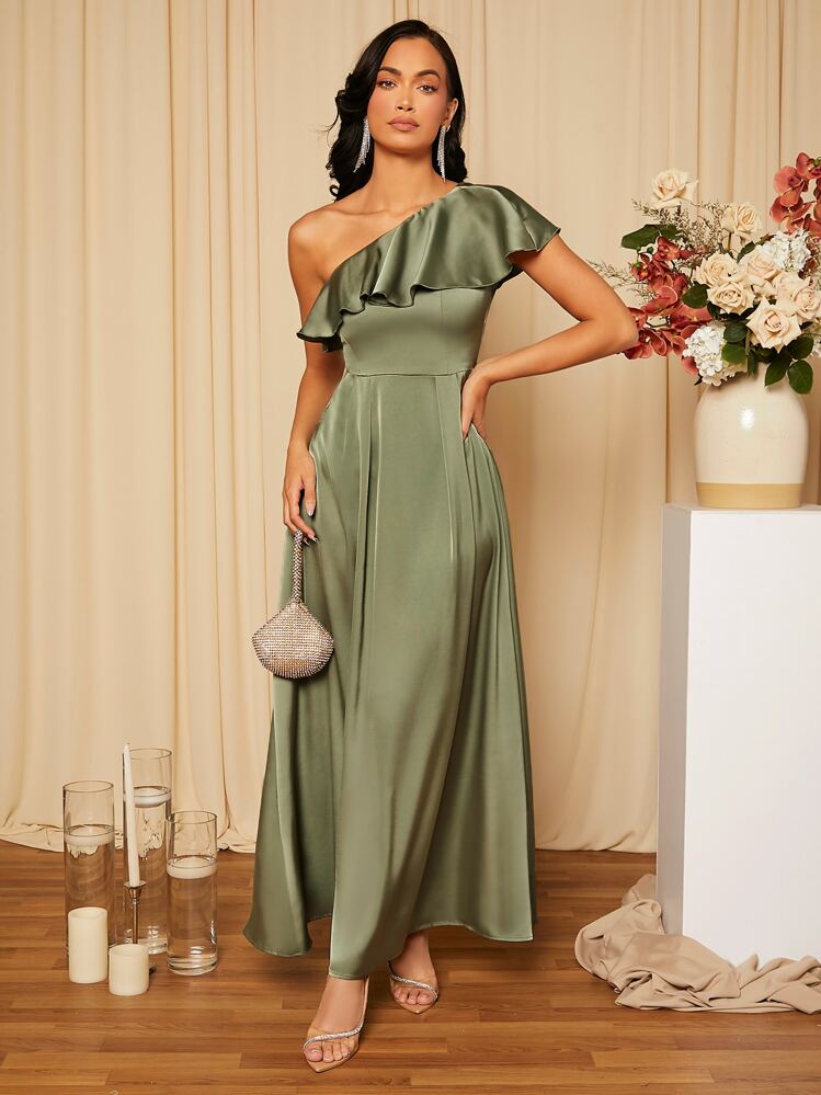 SHEIN Belle Asymmetrical Neck Ruffle Trim Plicated Detail Satin Bridesmaid Dress, Elegant Formal Evening Prom Wedding Guest Gown, For Graduation, Dinner, Party Dress - Army Green - View 4