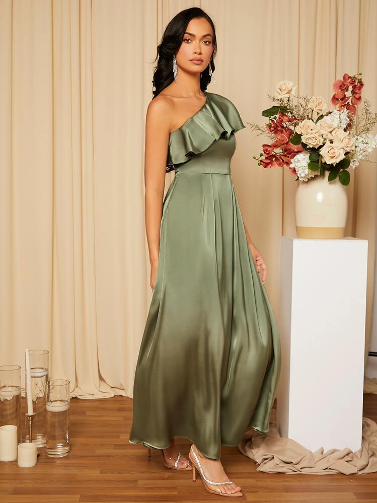 SHEIN Belle Asymmetrical Neck Ruffle Trim Plicated Detail Satin Bridesmaid Dress, Elegant Formal Evening Prom Wedding Guest Gown, For Graduation, Dinner, Party Dress - Army Green - View 7