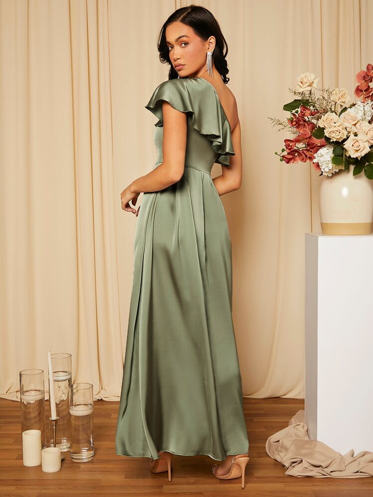 SHEIN Belle Asymmetrical Neck Ruffle Trim Plicated Detail Satin Bridesmaid Dress, Elegant Formal Evening Prom Wedding Guest Gown, For Graduation, Dinner, Party Dress - Army Green - View 2