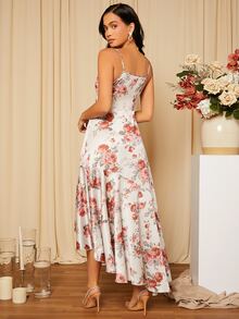 SHEIN Vestido de satén de tirantes con estampado floral bajo con fruncido - Verde - Ver 2