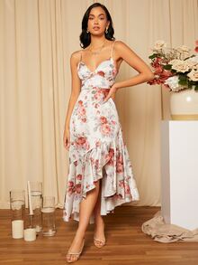 SHEIN Vestido de satén de tirantes con estampado floral bajo con fruncido - Verde - Ver 3