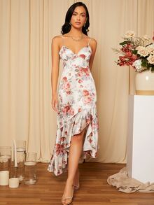 SHEIN Vestido de satén de tirantes con estampado floral bajo con fruncido - Verde - Ver 5