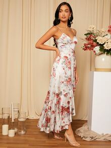 SHEIN Vestido de satén de tirantes con estampado floral bajo con fruncido - Verde - Ver 8