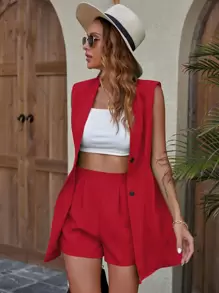 Pariaura Button Front Vest Blazer & Shorts For New Year Clothes - Red - View 1