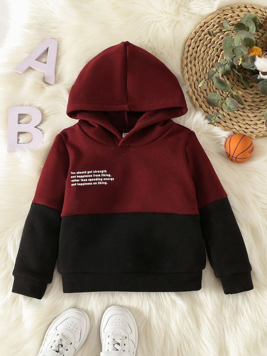 小男童雙色標語圖案加絨內裏連帽衫