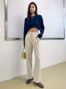 DAZY Drop Shoulder Ribbed Knit Crop Jumper Without Blouse - Navy Blue - View 10