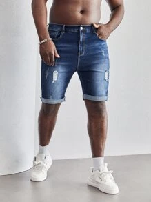 Manfinity Men Plus Ripped Roll Up Hem Denim Shorts - Dark Wash - View 1