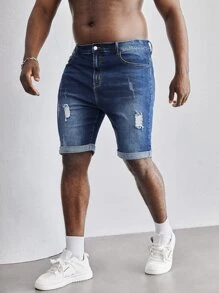Manfinity Men Plus Ripped Roll Up Hem Denim Shorts - Dark Wash - View 5