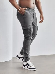 Manfinity Men Plus Single Button Flap Pocket Cargo Stacked Jeans - Grey - View 1