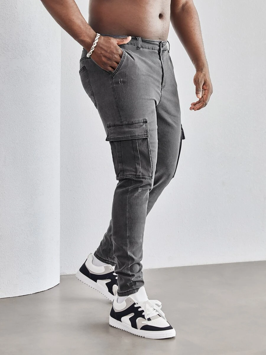 Manfinity Men Plus Single Button Flap Pocket Cargo Stacked Jeans - Grey - View 1