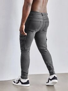 Manfinity Men Plus Single Button Flap Pocket Cargo Stacked Jeans - Grey - View 2