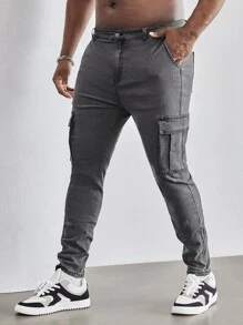 Manfinity Men Plus Single Button Flap Pocket Cargo Stacked Jeans - Grey - View 5