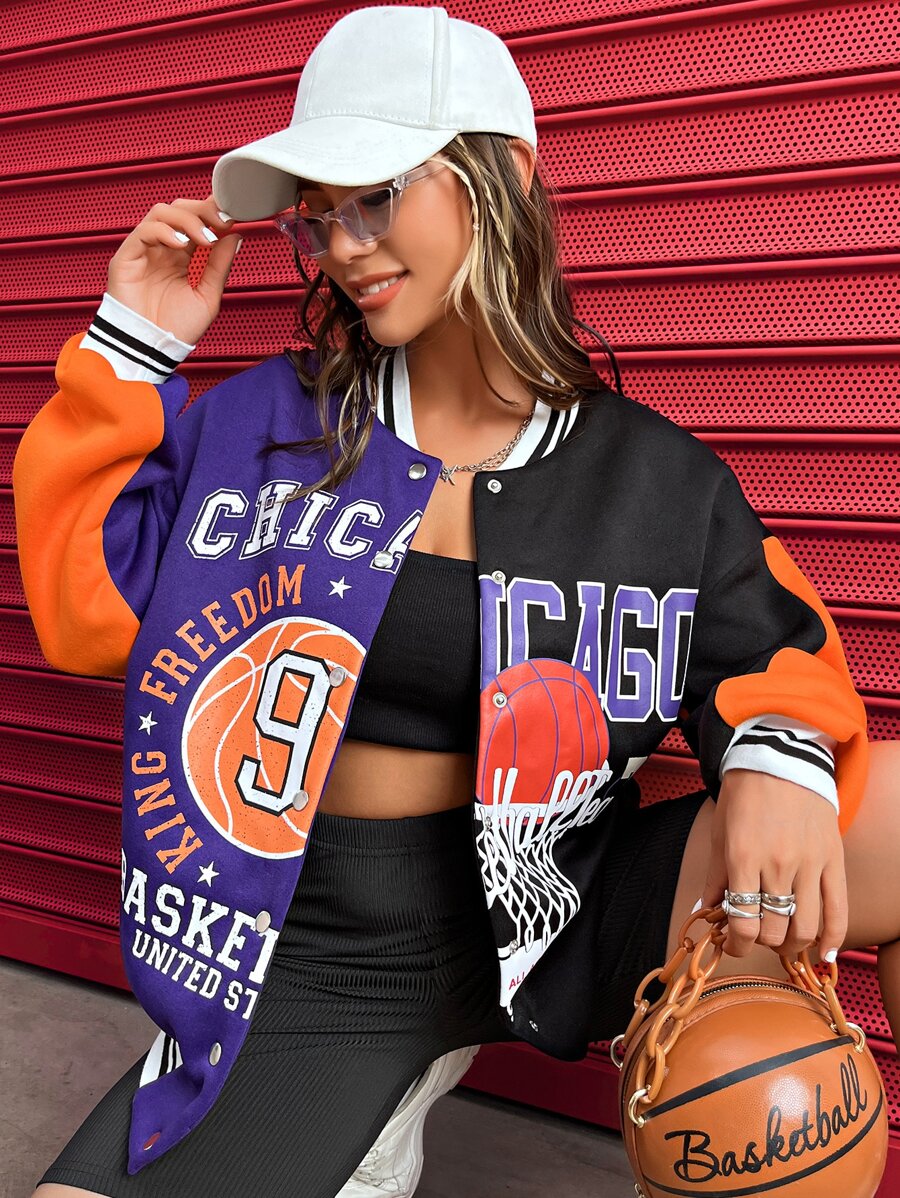 SHEIN X Made in America Letter Graphic Colourblock Drop Shoulder Varsity Jacket - Multicolor - View 1