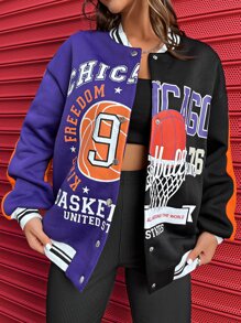 SHEIN X Made in America Letter Graphic Colourblock Drop Shoulder Varsity Jacket - Multicolor - View 3