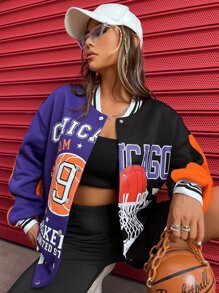 SHEIN X Made in America Letter Graphic Colourblock Drop Shoulder Varsity Jacket - Multicolor - View 5