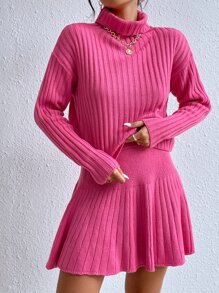 SHEIN Privé Turtleneck Drop Shoulder Sweater & Knit Skirt - Hot Pink - View 1