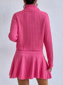 SHEIN Privé Turtleneck Drop Shoulder Sweater & Knit Skirt - Hot Pink - View 2