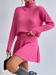 SHEIN Privé Turtleneck Drop Shoulder Sweater & Knit Skirt - Hot Pink - View 3