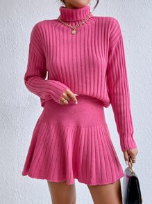 SHEIN Privé Turtleneck Drop Shoulder Sweater & Knit Skirt - Hot Pink - View 4