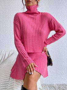 SHEIN Privé Turtleneck Drop Shoulder Sweater & Knit Skirt - Hot Pink - View 6