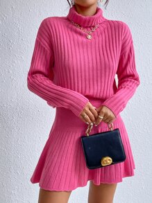 SHEIN Privé Turtleneck Drop Shoulder Sweater & Knit Skirt - Hot Pink - View 7
