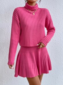 SHEIN Privé Turtleneck Drop Shoulder Sweater & Knit Skirt - Hot Pink - View 8