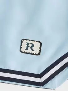 ROMWE MEN Prep 男士字母拼接条纹抽绳腰短裤，学校 - 藍色 - 查看 4