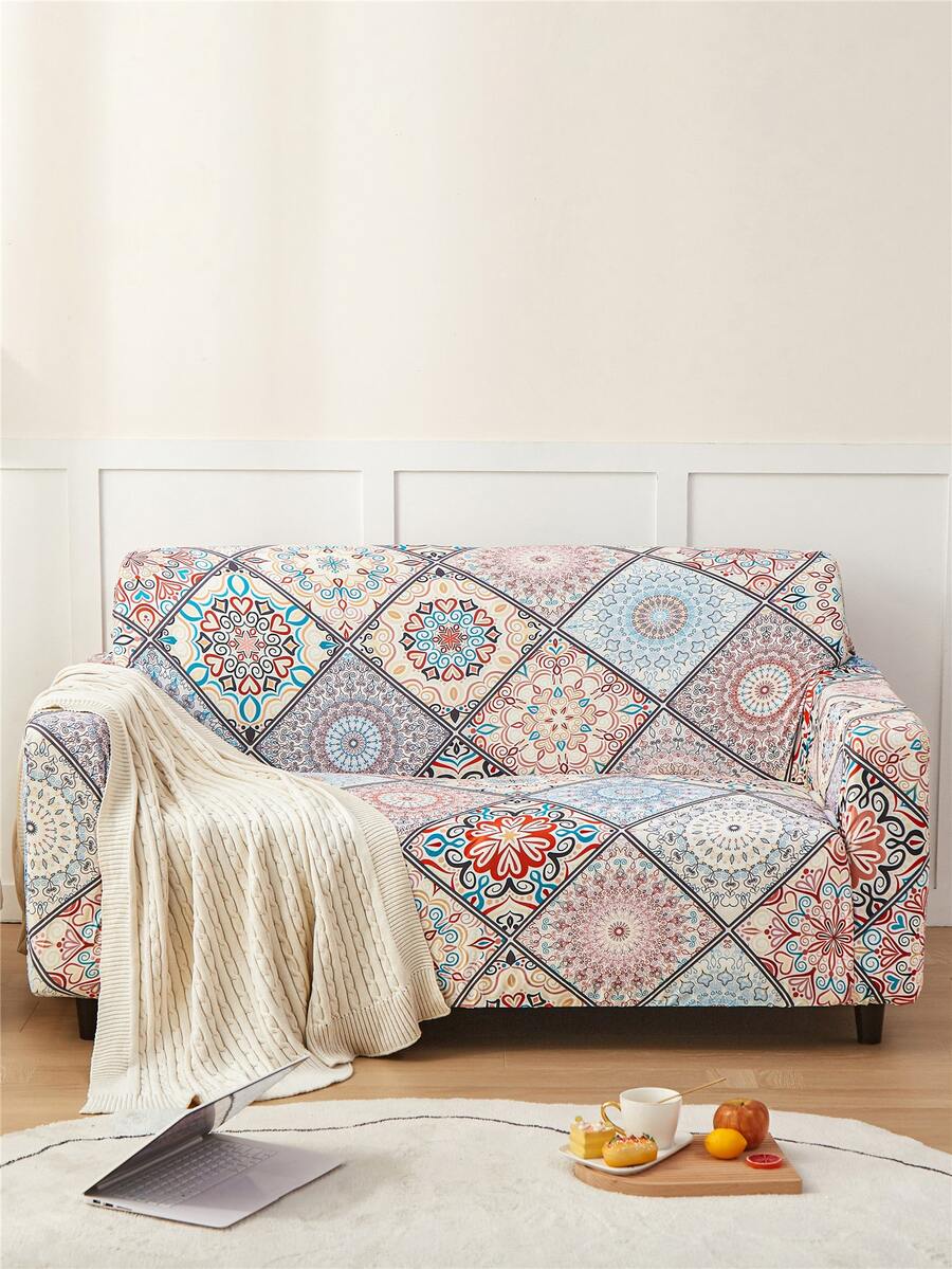 Graphic Print Stretchy Sofa Slipcover - Multicolor - View 1