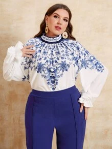 SHEIN Clasi Plus Floral Print Frill Trim Flounce Sleeve Blouse - Blue and White - View 2