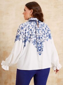 SHEIN Clasi Plus Floral Print Frill Trim Flounce Sleeve Blouse - Blue and White - View 3