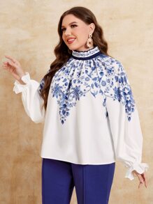 SHEIN Clasi Plus Floral Print Frill Trim Flounce Sleeve Blouse - Blue and White - View 4
