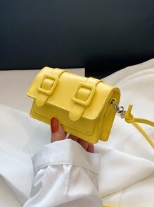 Mini Buckle Decor Flap Square Bag - Yellow - View 1