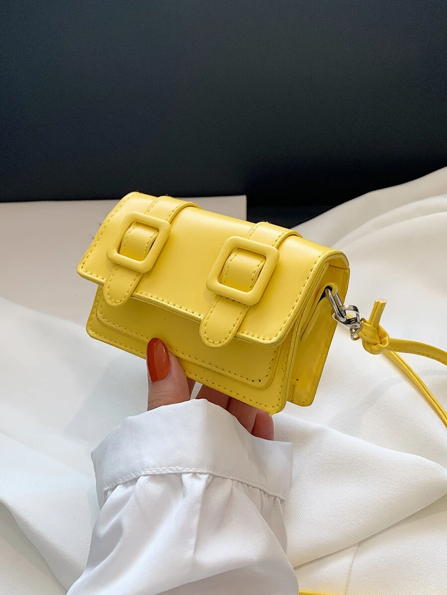 Mini Buckle Decor Flap Square Bag - Yellow - View 1