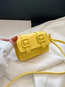 Mini Buckle Decor Flap Square Bag - Yellow - View 2