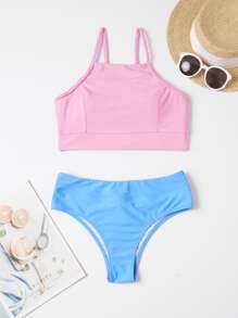 兩色調編織細節比基尼套裝，夏季海灘必備 - 彩色 - 查看 1