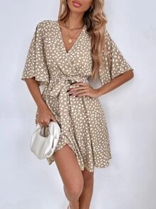 SHEIN Clasi Allover Print Butterfly Sleeve Belted Dress - Multicolor - View 4