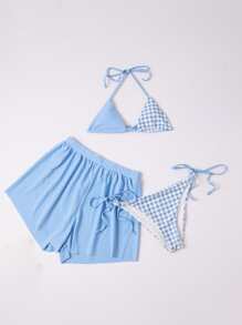 SHEIN 3packs Gingham Triangle Bikini Set & Shorts - Blue and White - View 1