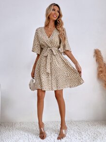 SHEIN Clasi Allover Print Butterfly Sleeve Belted Dress - Multicolor - View 5