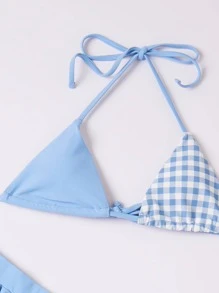 SHEIN 3packs Gingham Triangle Bikini Set & Shorts - Blue and White - View 4