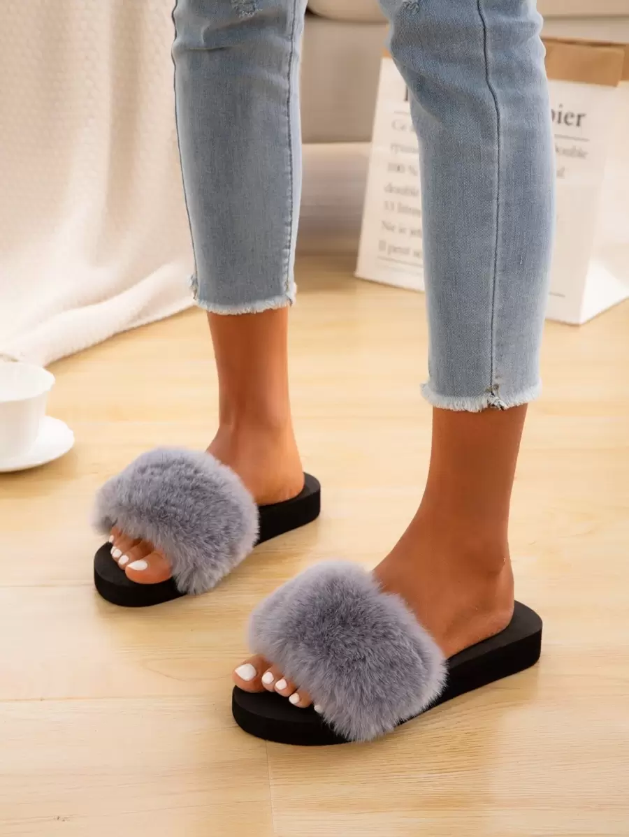 Minimalist Fluffy Slides - Grey - View 1