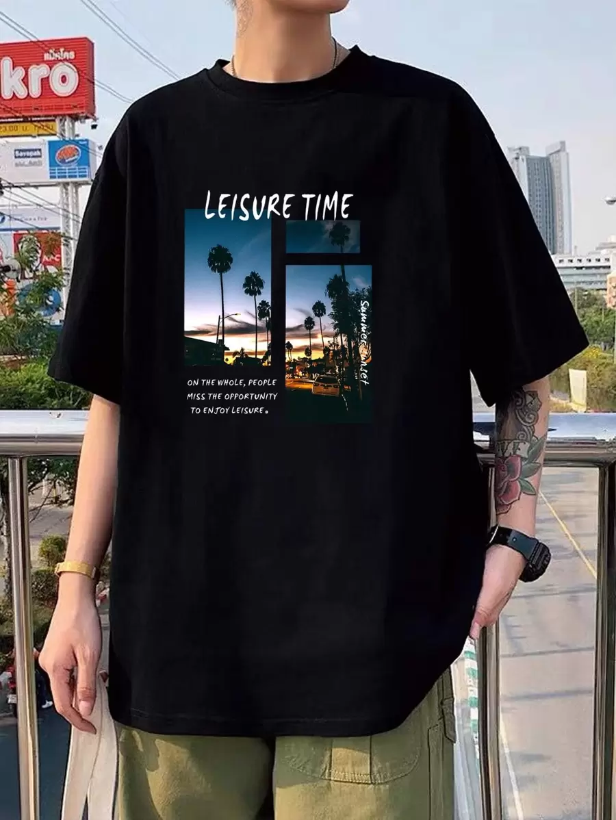 Manfinity 男士標語和棕櫚樹印花T恤 - 黑色 - 查看 1