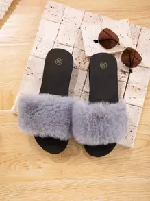 Minimalist Fluffy Slides - Grey - View 6