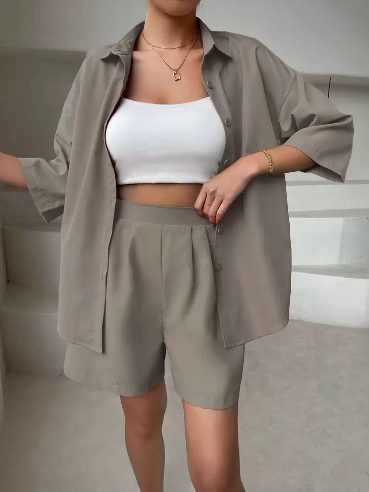 Breezaya unicolor de hombros caídos Camisa & Shorts - Gris - Añade 1