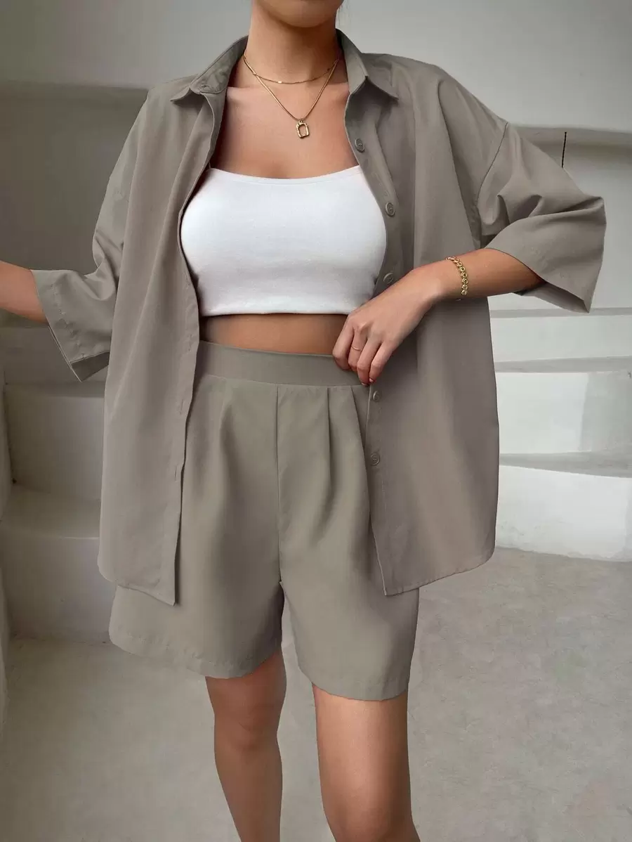 Breezaya unicolor de hombros caídos Camisa & Shorts - Gris - Ver 1
