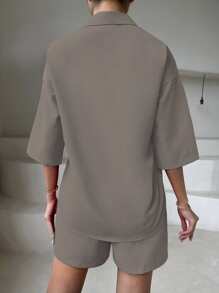 Breezaya unicolor de hombros caídos Camisa & Shorts - Gris - Ver 2