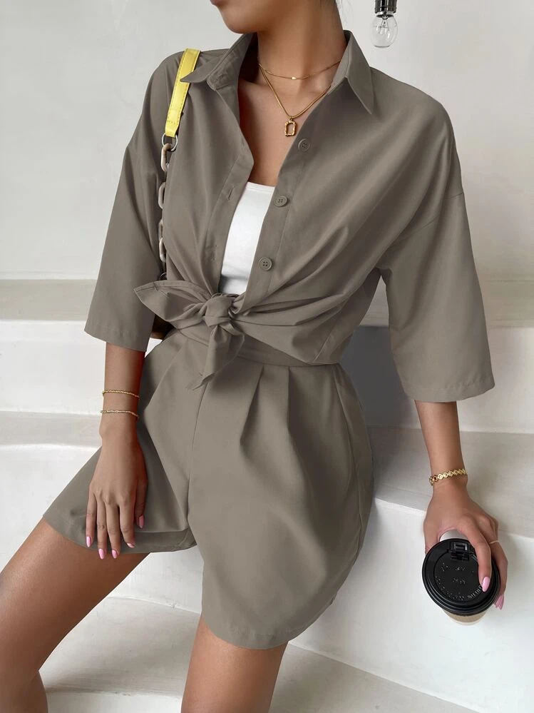 Breezaya unicolor de hombros caídos Camisa & Shorts - Gris - Añade 3