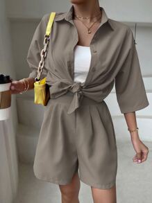 Breezaya unicolor de hombros caídos Camisa & Shorts - Gris - Ver 6