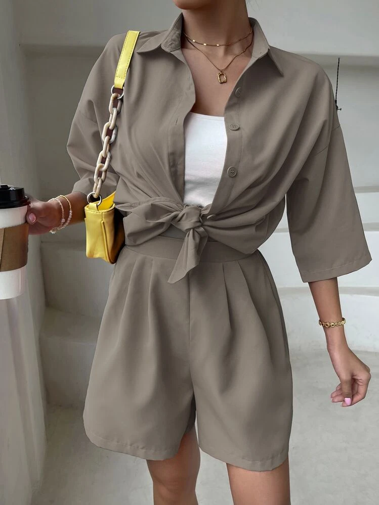 Breezaya unicolor de hombros caídos Camisa & Shorts - Gris - Añade 6
