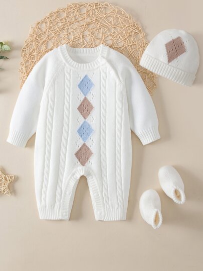 SHEIN Vintaside Kids Baby Boy Argyle Pattern Raglan Sleeve Cable Knit Jumpsuit & Hat & Knit Shoes