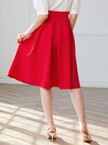 SHEIN Privé Solid High Waist Flared Skirt - Red - View 3